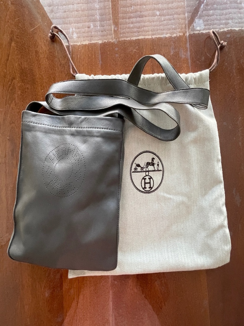 HERMÈS Lambskin Clou De Selle Pouch Dark Brown Shoulder Bag w Dust Bag